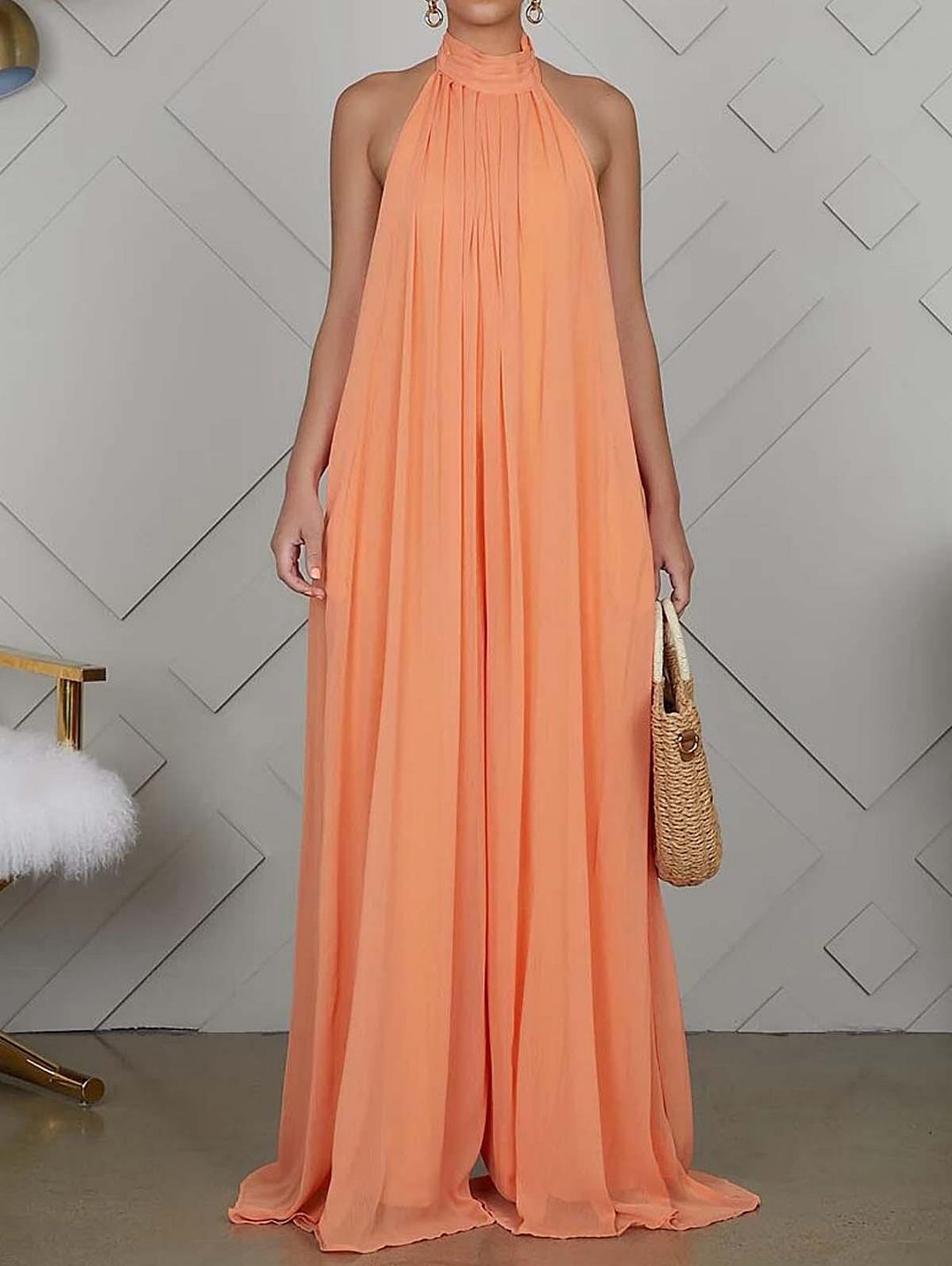 Fashion Casual Halter Pure Color Chiffon Halter Jumpsuit