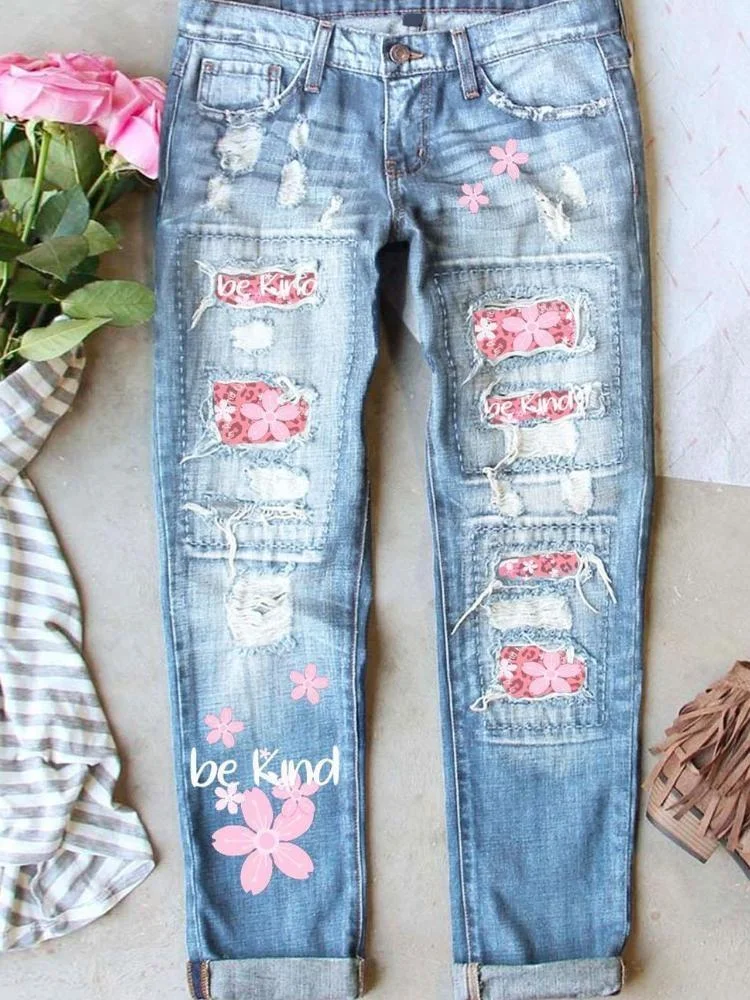 Be Kind Sakura Patchwork Ripped Denim Jeans