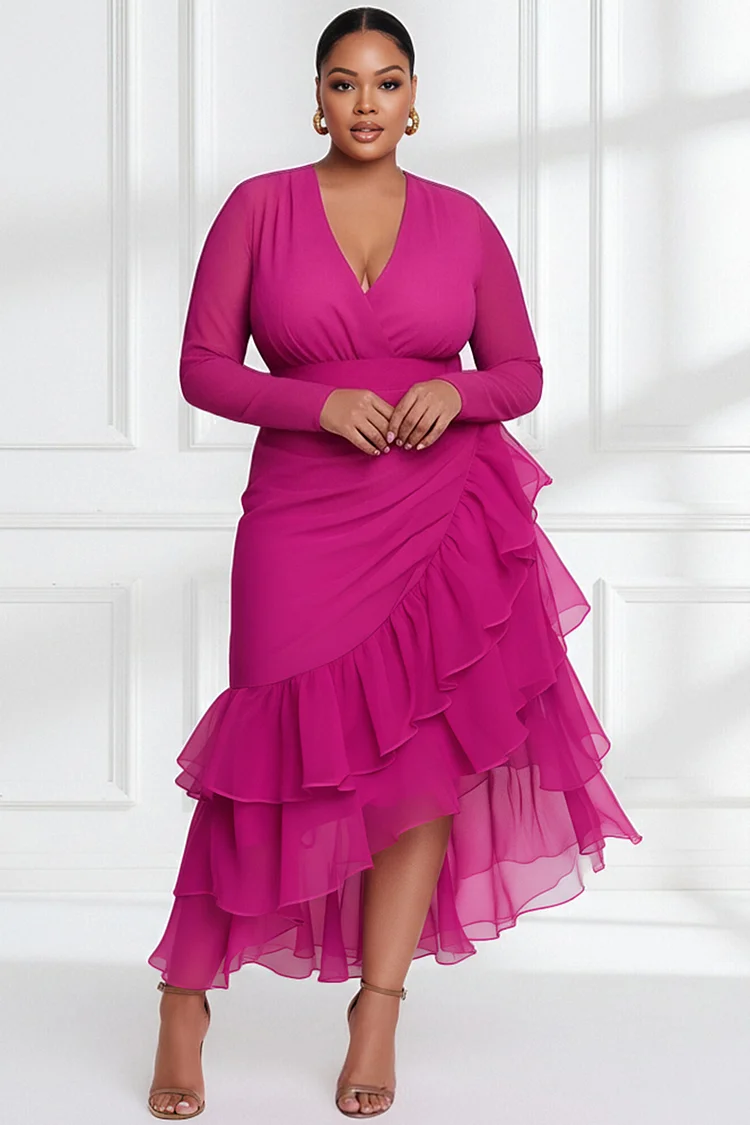 Xpluswear Design Plus Size Wedding Guest Hot Pink V Neck Long Sleeve Ruffle Asymmetric Hem Irregular Hem Midi Dresses [Pre-Order] 2024 - Xpluswear