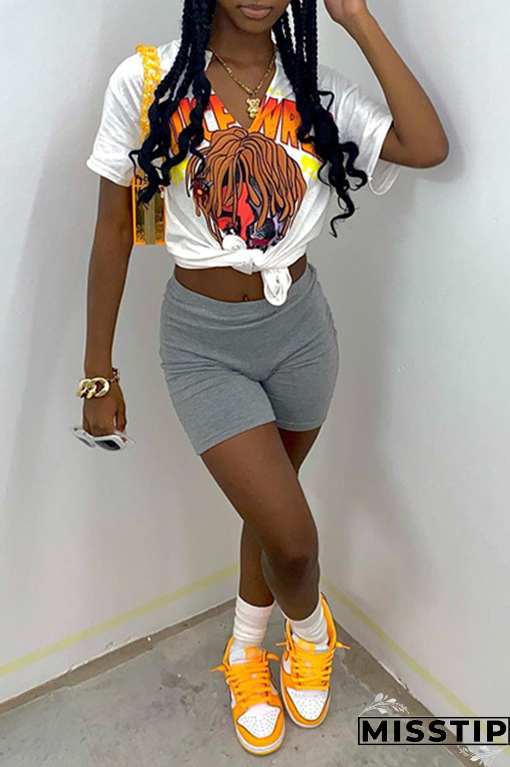 White Fashion Print Patchwork V Neck T-Shirts