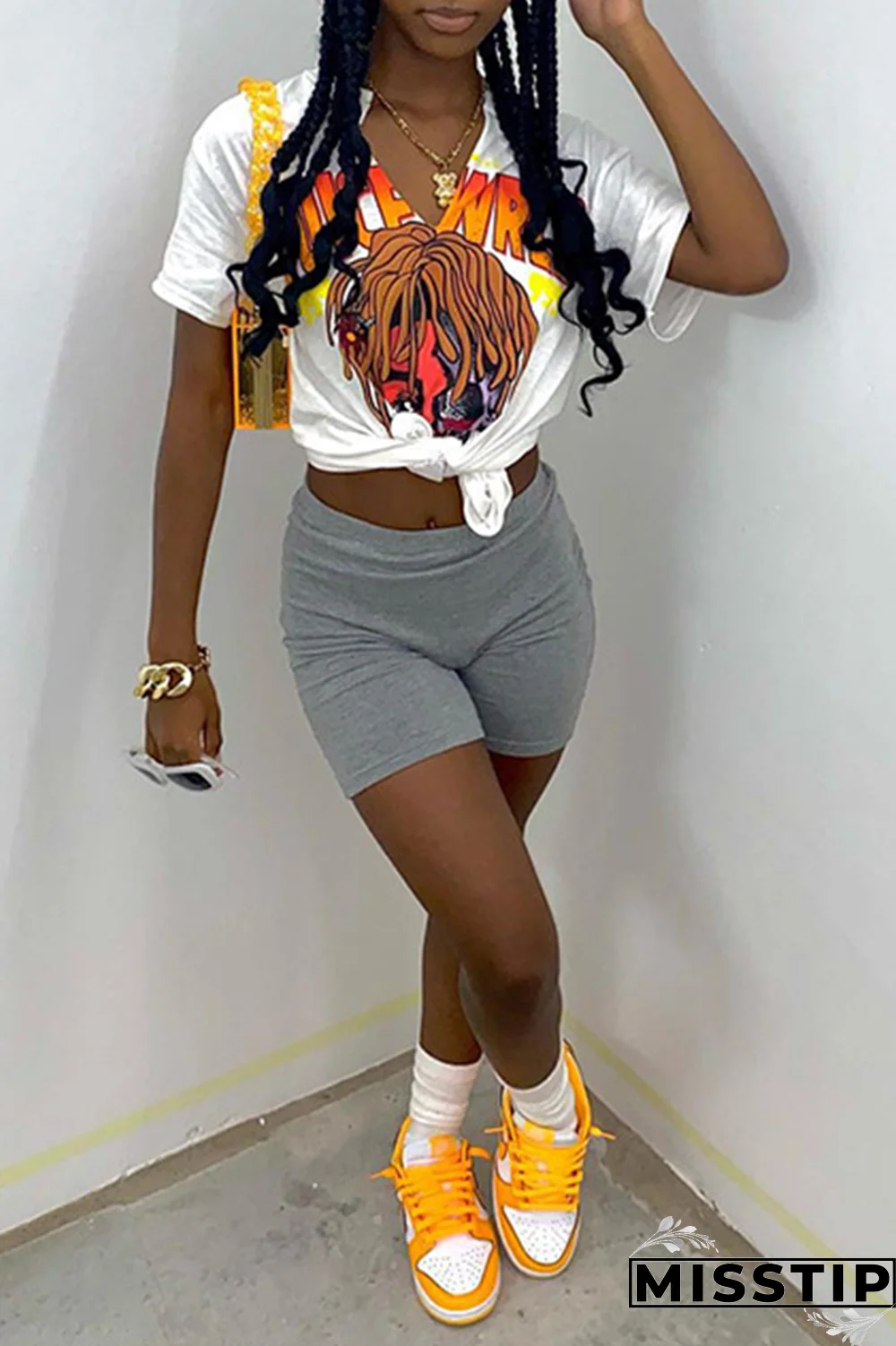 White Fashion Print Patchwork V Neck T-Shirts