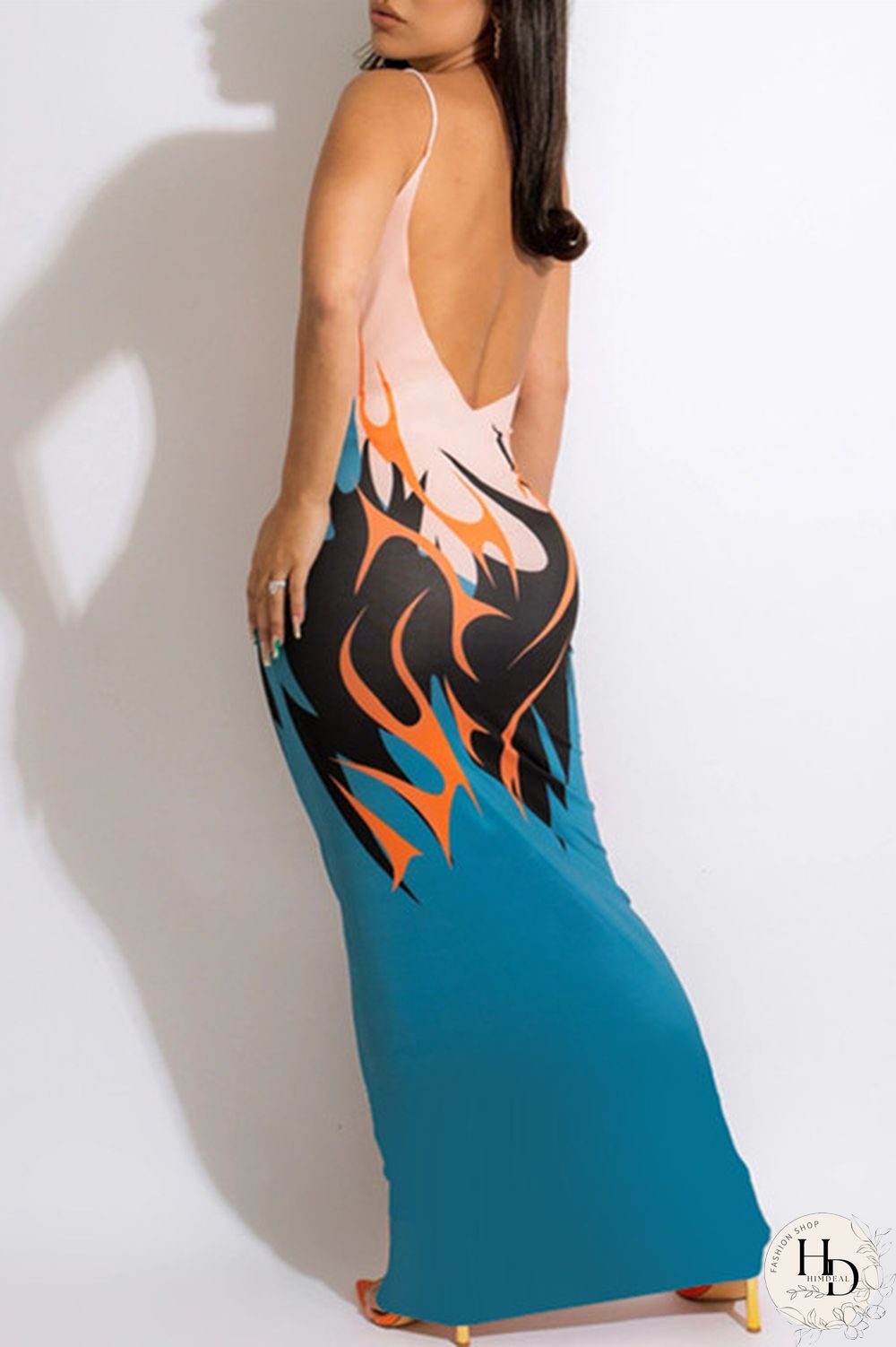 Ginger Fashion Sexy Print Backless Spaghetti Strap Long Dress