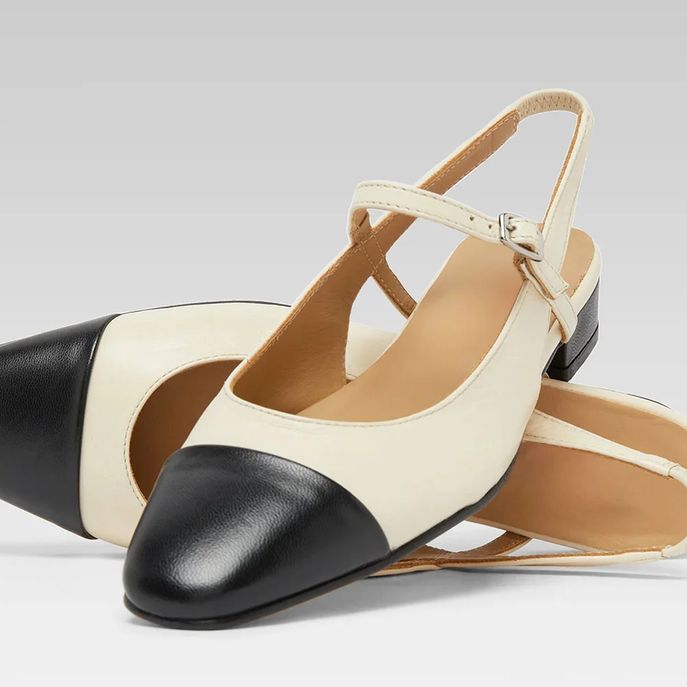 Women's Black & Beige Mary Jane Slingback Flat Closed Toe Shoes