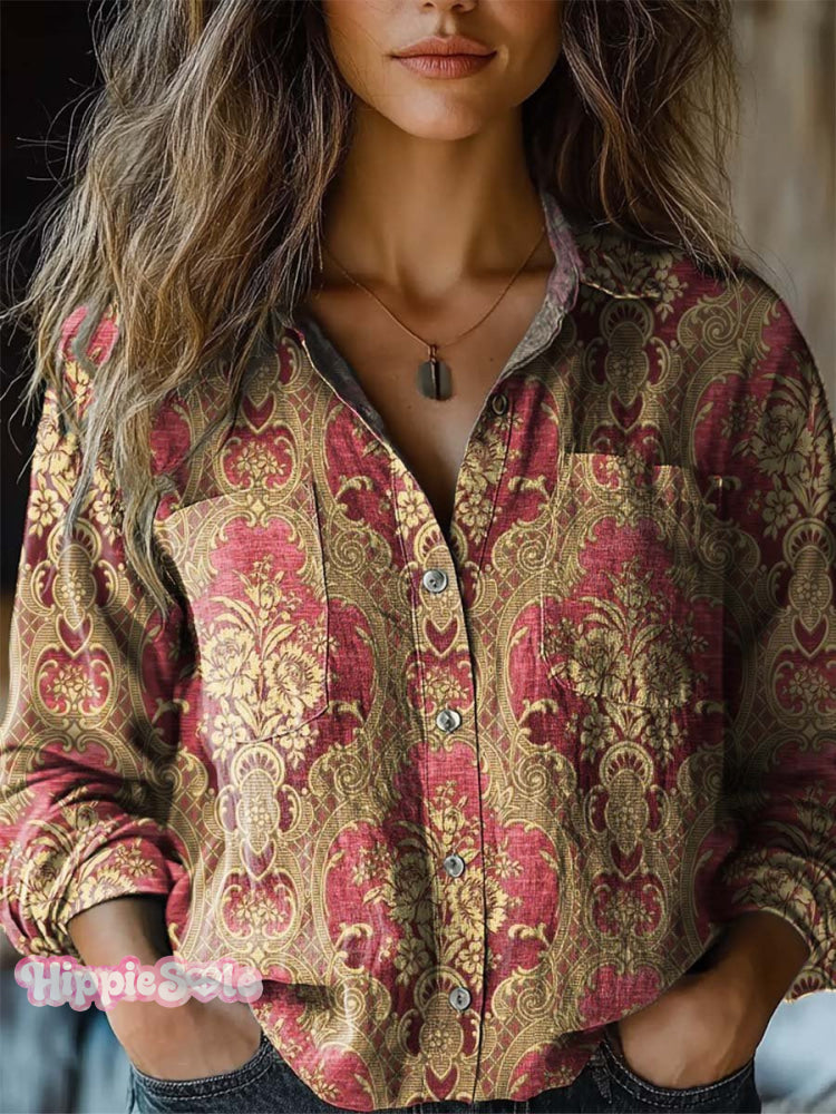 Women’s Vintage Lovely Floral Art Print Casual Long Sleeve Comfortable Cotton Shirt Red / S