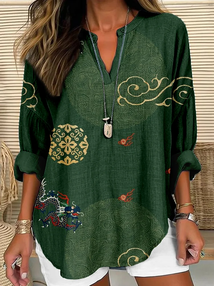 Vintage Dragon Pattern Linen Blend Cozy Shirt