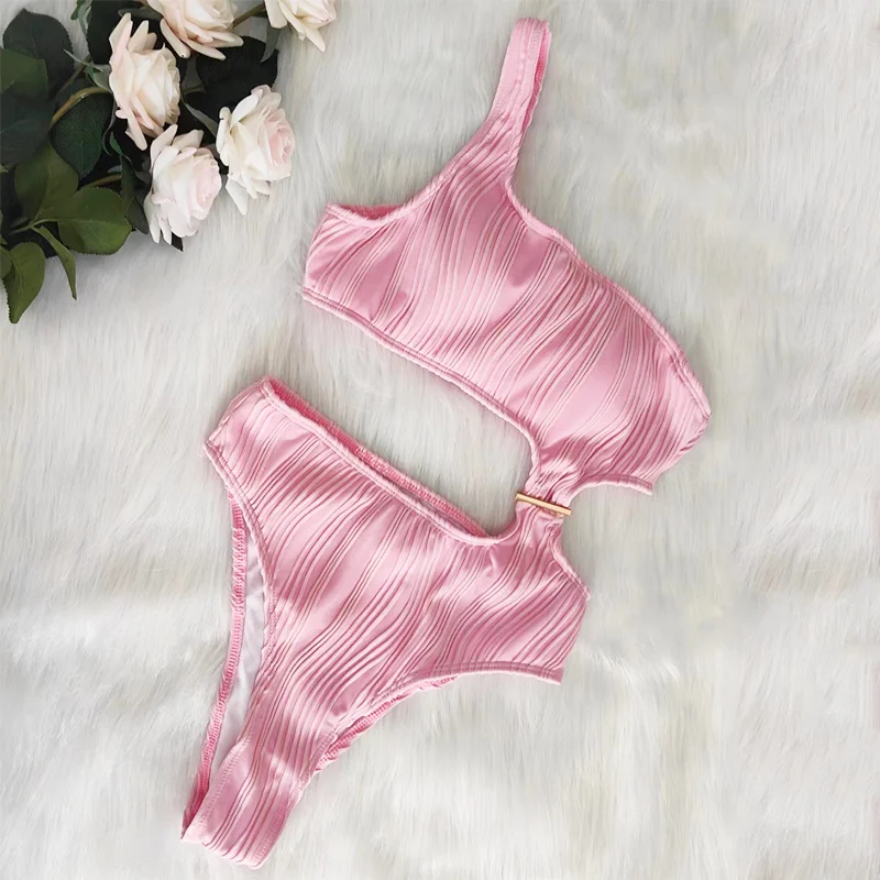 Uveng Uveng New Solid Color One-Shoulder One-Piece Swimsuit Sexy Ladies Bikini