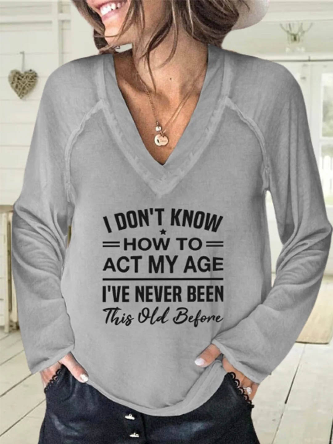 Women's Top Casual T shirt Tee Act My Age Text Letters Print Long Sleeve V Neck Streetwear Daily Vacation Fall Spring
