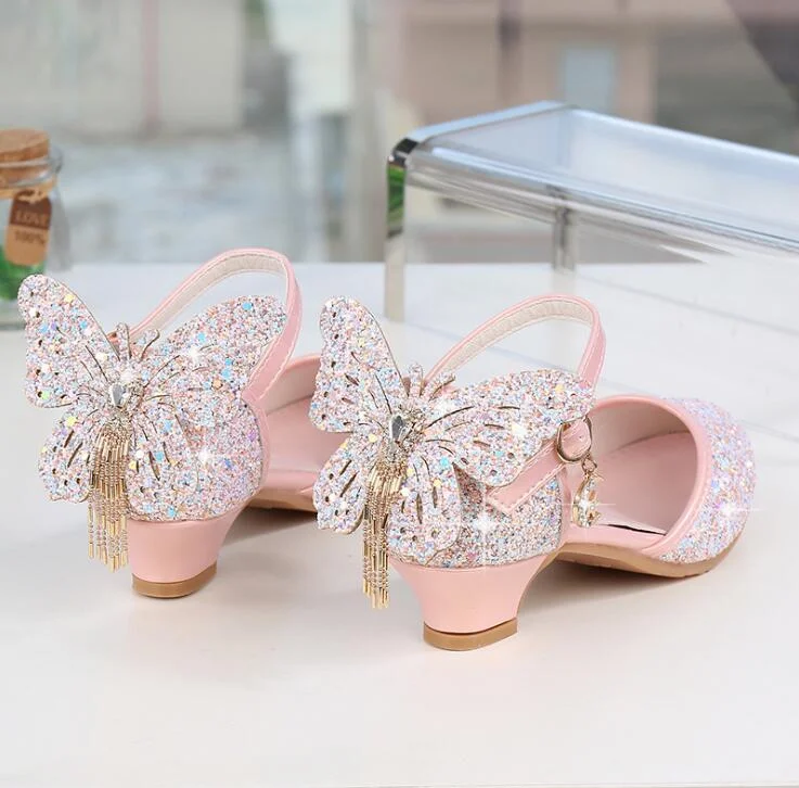 Girls Glitter Leather Shoes Pink and Silver High Heel Bow Party Sandals Girls Shoes Boutique Fashion