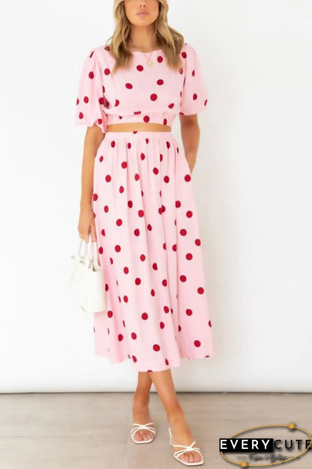 Polka Dot Puff Sleeve Maxi Skirts Set