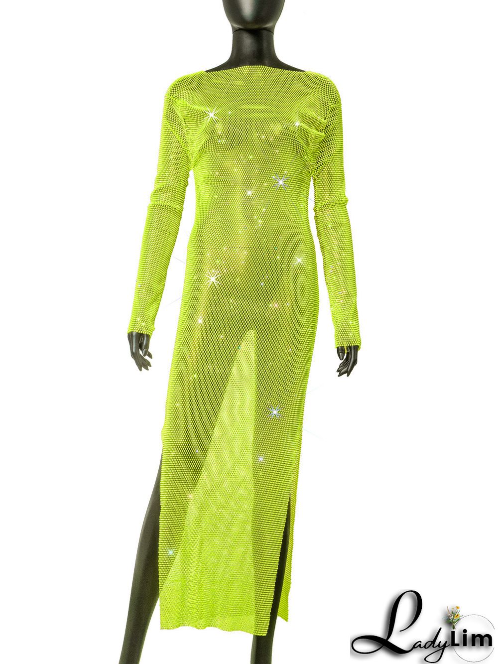 Women's Side Slit Party Night Round Neck Long Sleeve Sparkly Beaded Maxi Dress