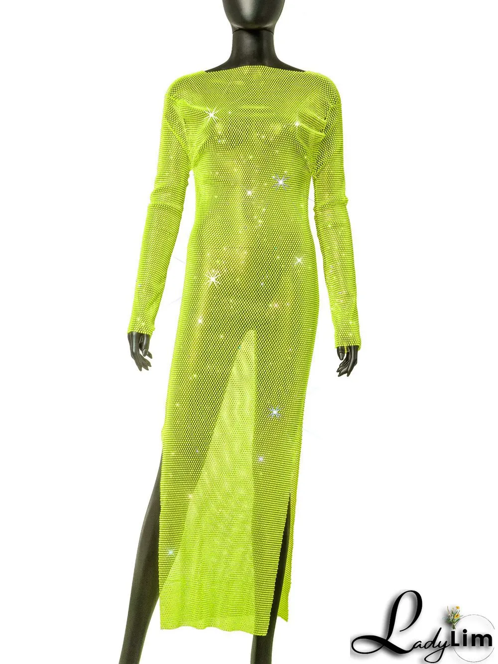 Women's Side Slit Party Night Round Neck Long Sleeve Sparkly Beaded Maxi Dress