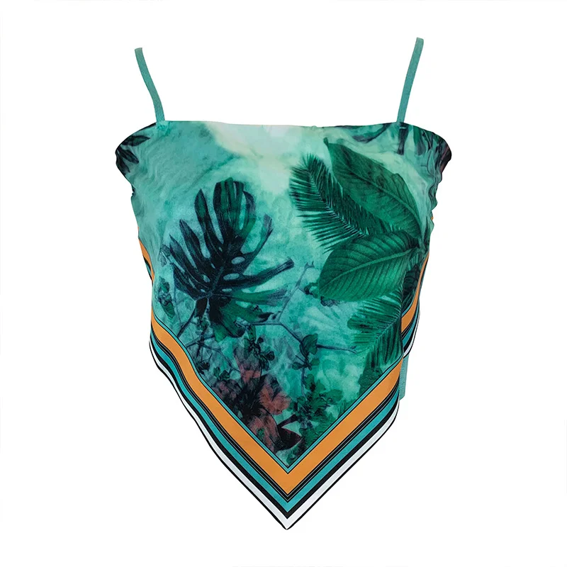 Uveng Uveng Print Splicing Short Belly Pocket Small Vest Woman 2024 New Slim Silk Sling Shirt Ice Refresher Silk Top