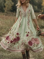 Classy Gradient Pink Roses And Striped  Embroidered Linen Maxi Dress - Image 6