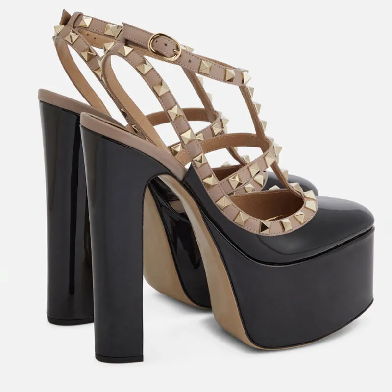 150mm thick heel round toe rivet patent leather thick platform sandals-vocosishoes
