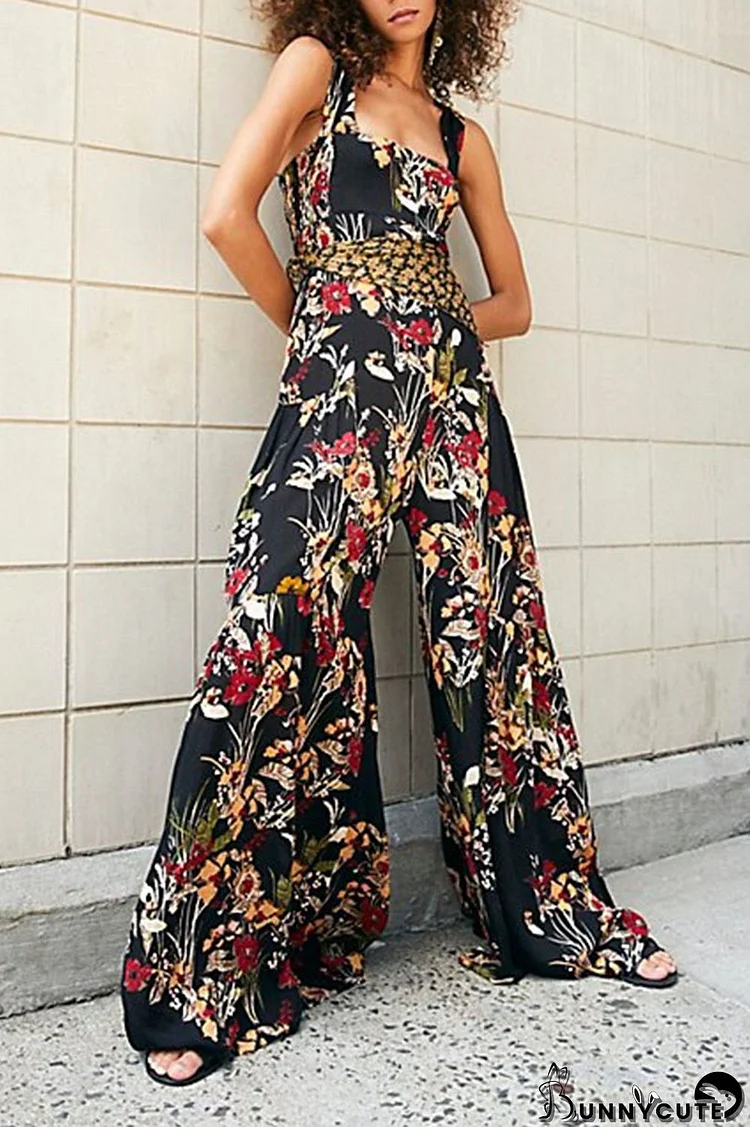 Colour Casual Print Split Joint Straight Jumpsuits