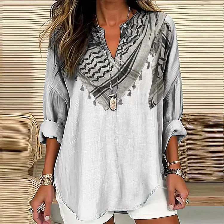 I Hope Peace Forever Kufiya Inspired Pattern Linen Blend Cozy Tunic