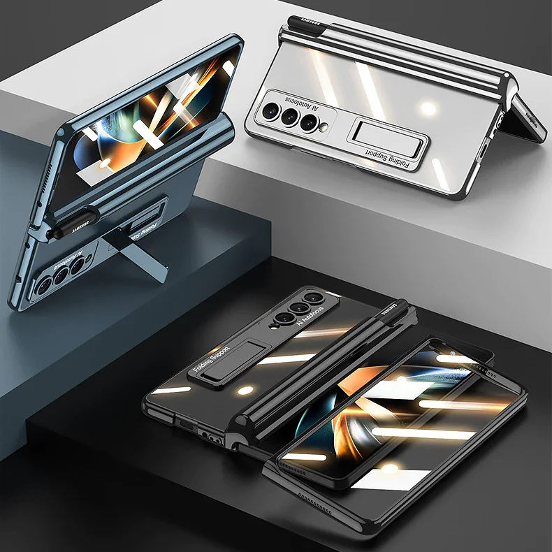 For Samsung ZFold4 Magnetic Hinge Folding Shell Film Electroplating Bracket Pen Slot Mobile Phone Case