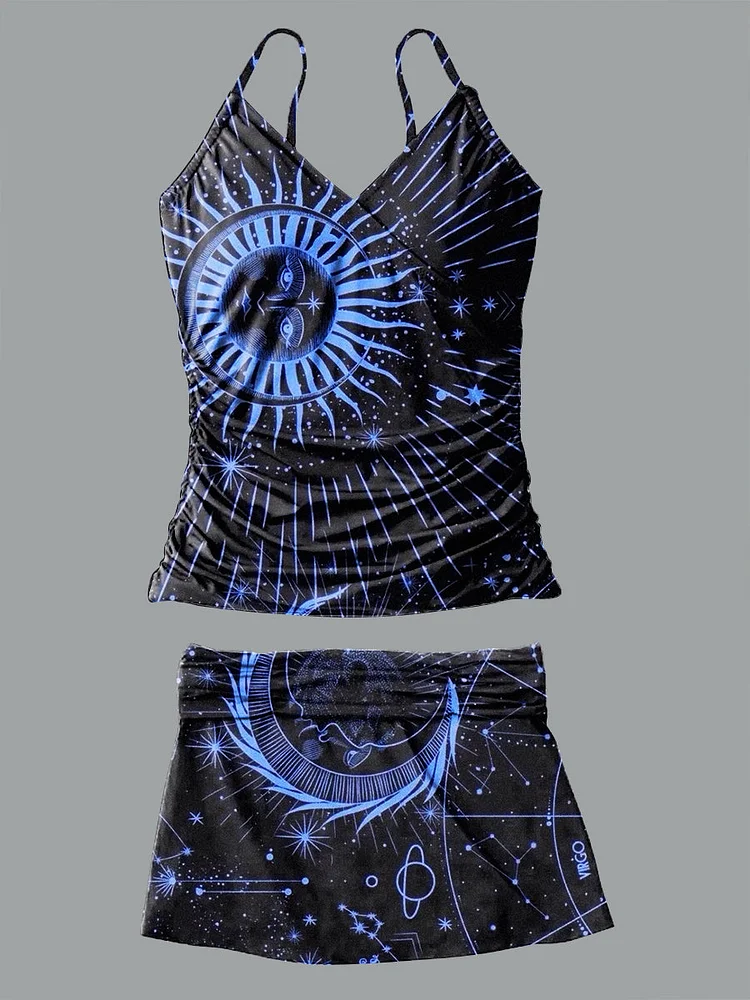 V-Neck Vintage Art Sun God Moon Pattern Halter Pants Skirt Set Swimsuit