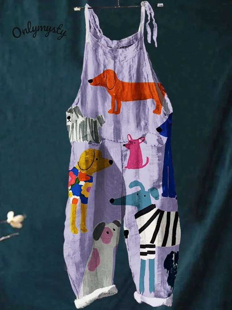 Women's Dog  Art  Print Casual 100% Cotton Wide Leg Jumpsuit