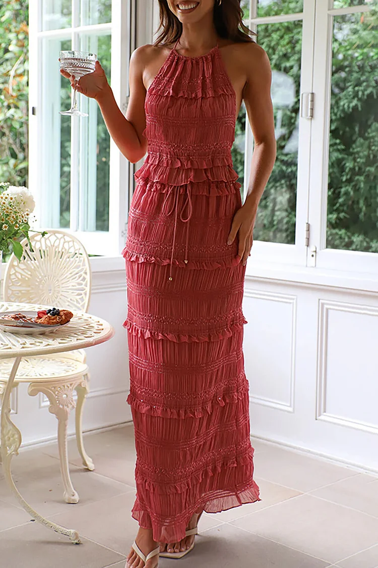 Halter Crop Top Frilled Trim Ruched Maxi Skirt Matching Set-Red