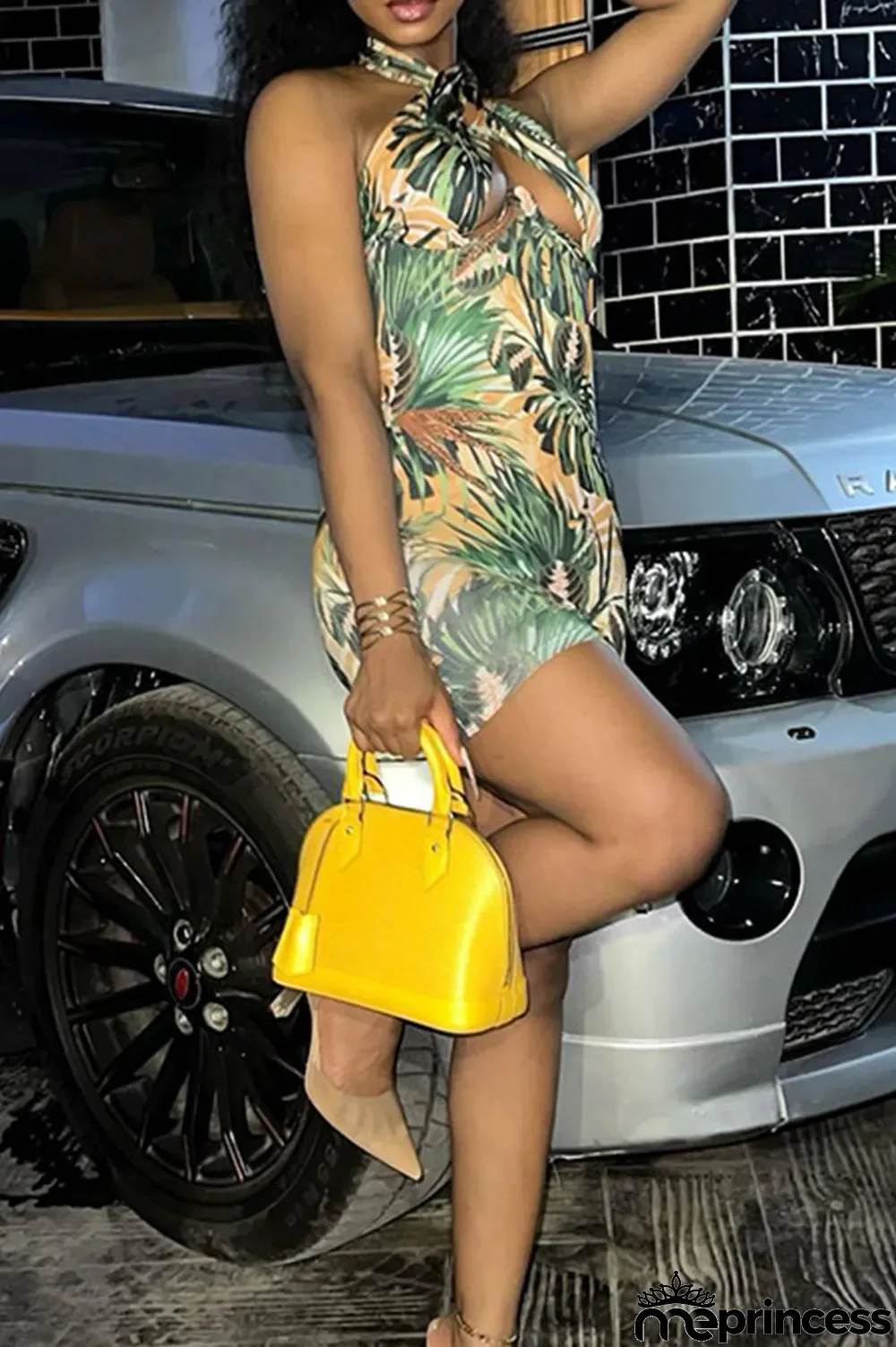 Green Sexy Print Hollowed Out Split Joint Backless Halter Pencil Skirt Dresses