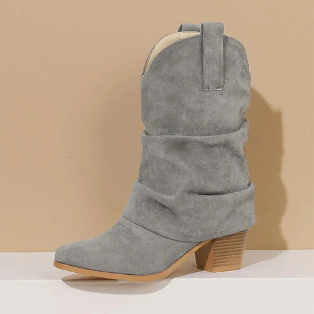 Vegan Suede Fold Over Block Heel Snip Toe Grey Mid Calf Cowgirl Boots