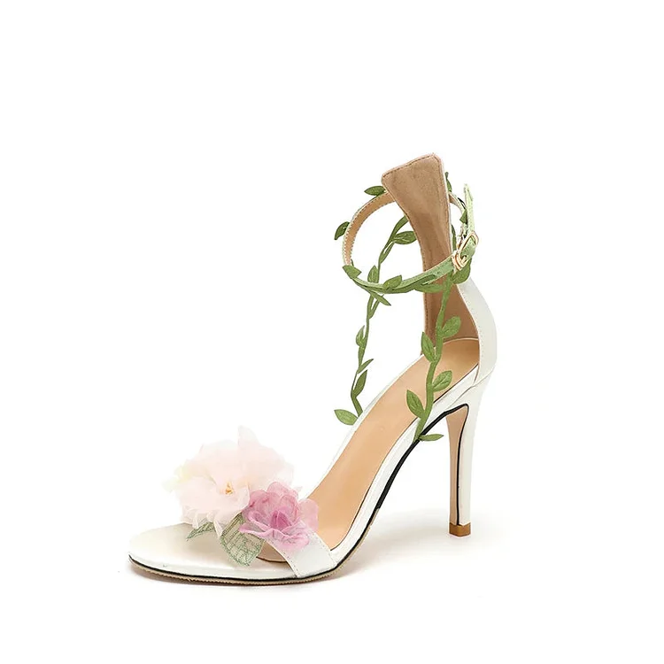 New Pink Countryside Chiffon Flower Fantasy High Heels Straight Vine Strap Sandals