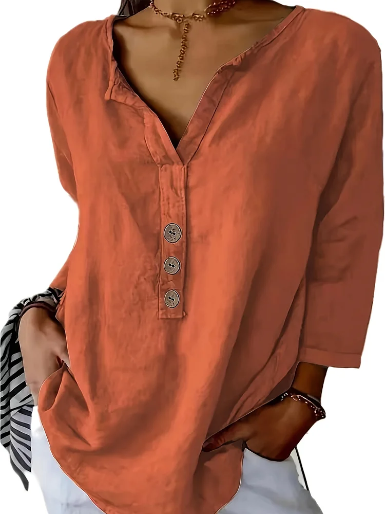 Women's Lightweight V-Neck Blouse With Faux Button Front - Breathable Mid-Length Casual Shirt, Solid Color, Three-Quarter Sleeves, Perfect For All Seasons, Versatile Layering Piece, Ladies Blouse