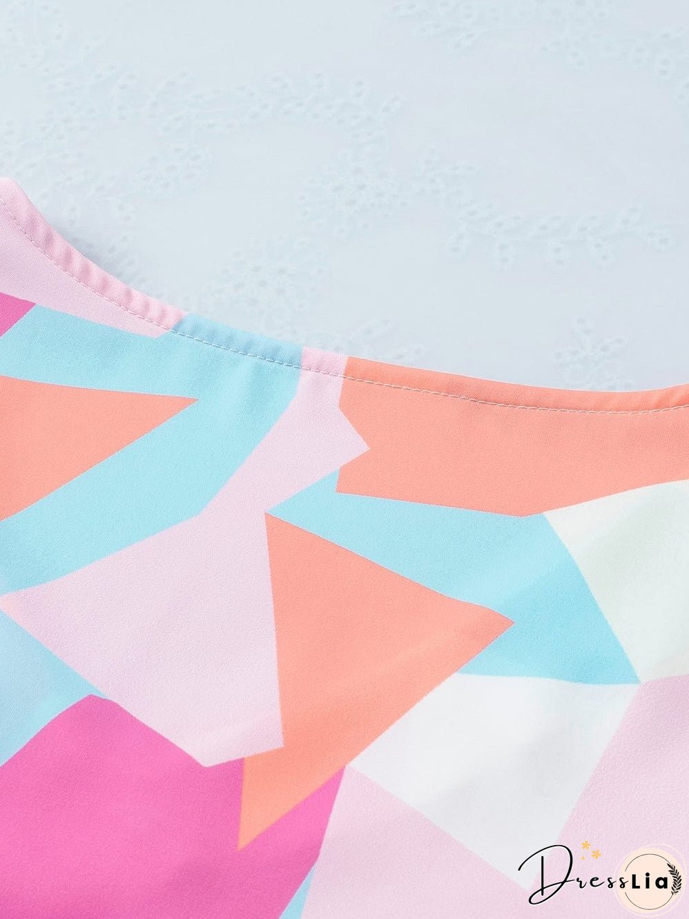 Pastel Geometric Print V-Neck Cap Sleeve Top with Colorblock Detail