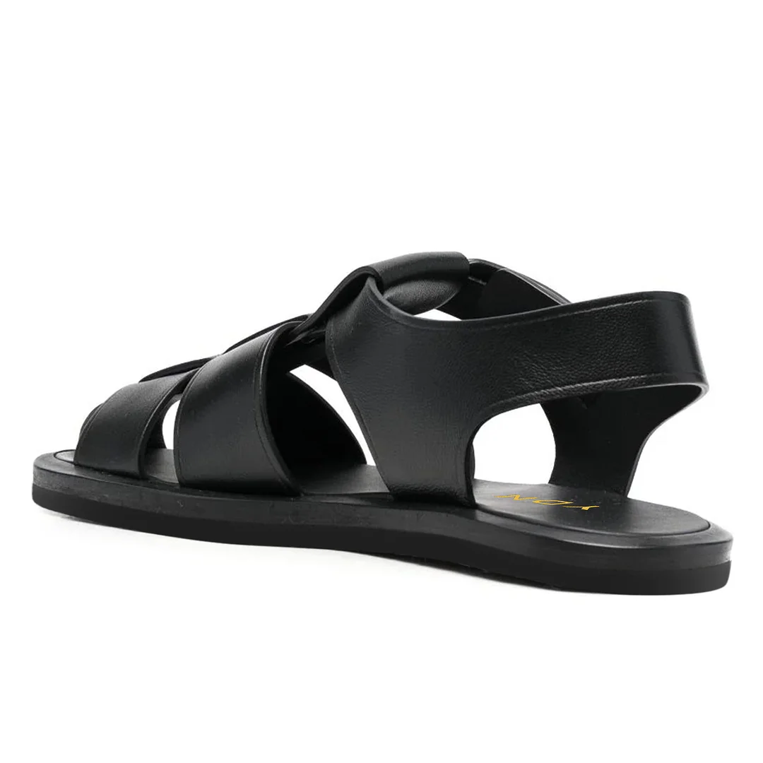 Vegan Leather Round Toe Cage Flat Comfy Black Sandals for Ladies
