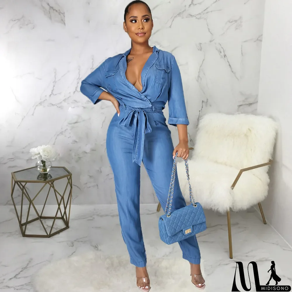 MidiSono - Casual Denim Long Sleeve Sashes Jeans Jumpsuit