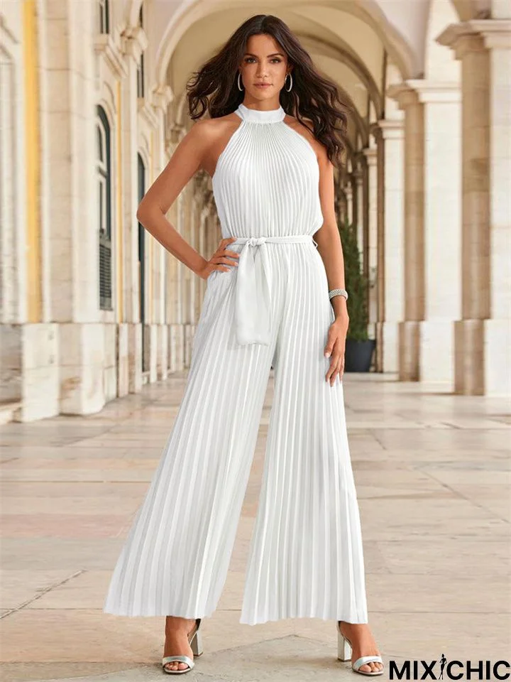 Sexy Halter Sleeveless Pleated Jumpsuit