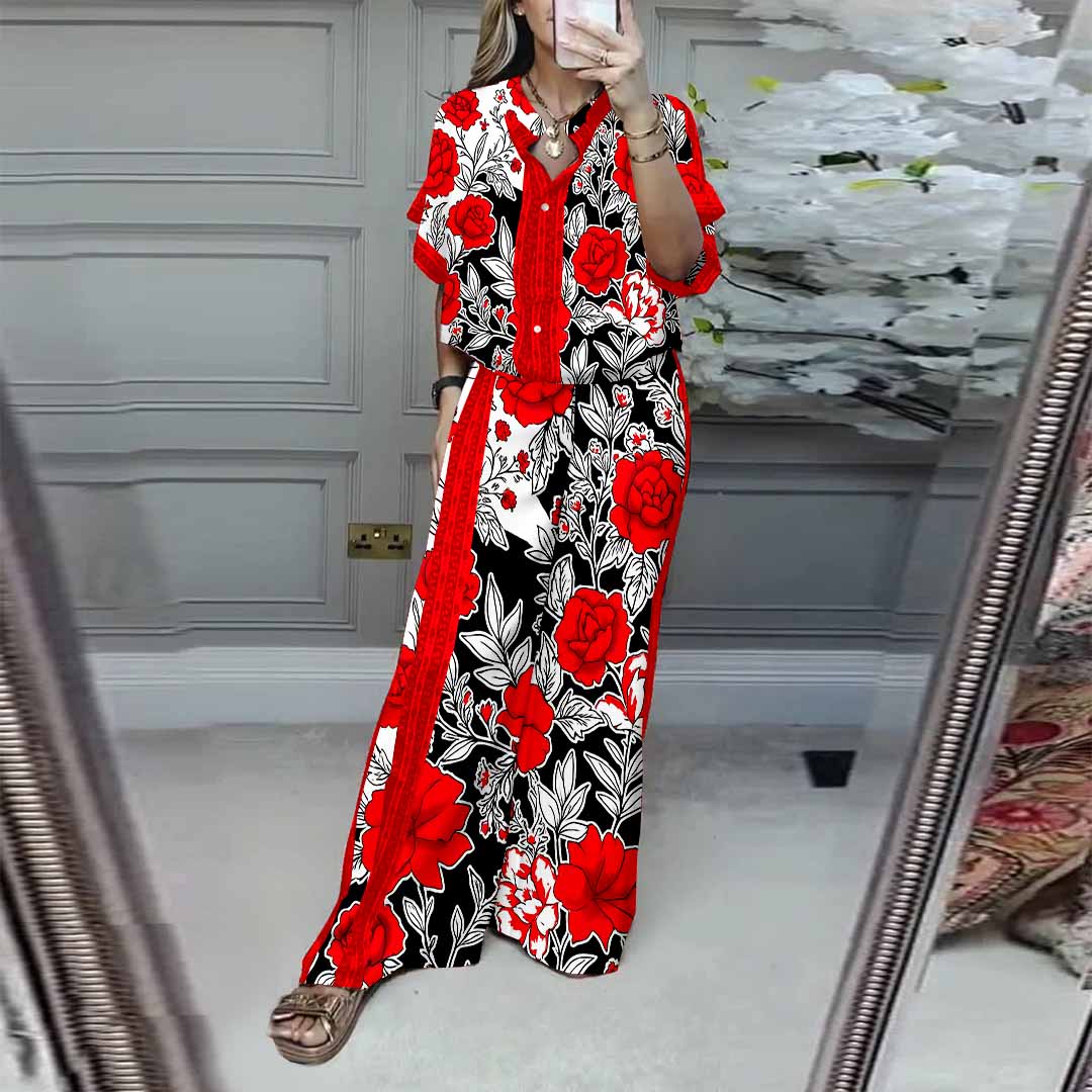 Women Floral,Red,Black DZDL1182 V-neck Short Sleeve Blouse and Pants Set
