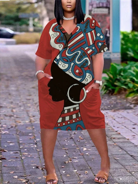 Women's Red Plus Size V-neck Mid-sleeve Dress