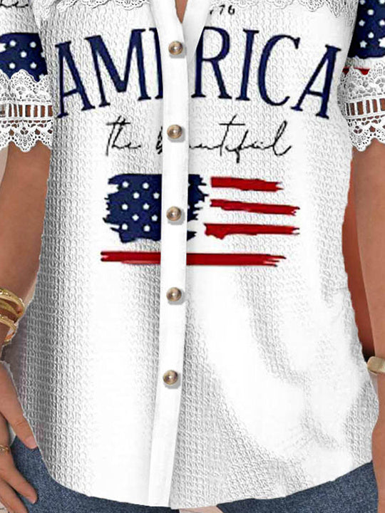 Women Short Sleeve Shirt Collar National Flag Printed Graphic Lace Button Tops