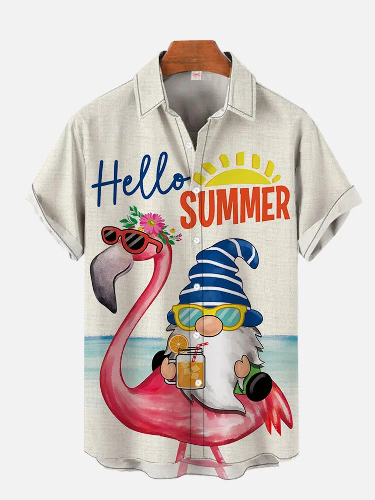 Hello Summer! Flamingos And Gnomes Printing Short Sleeve Shirt