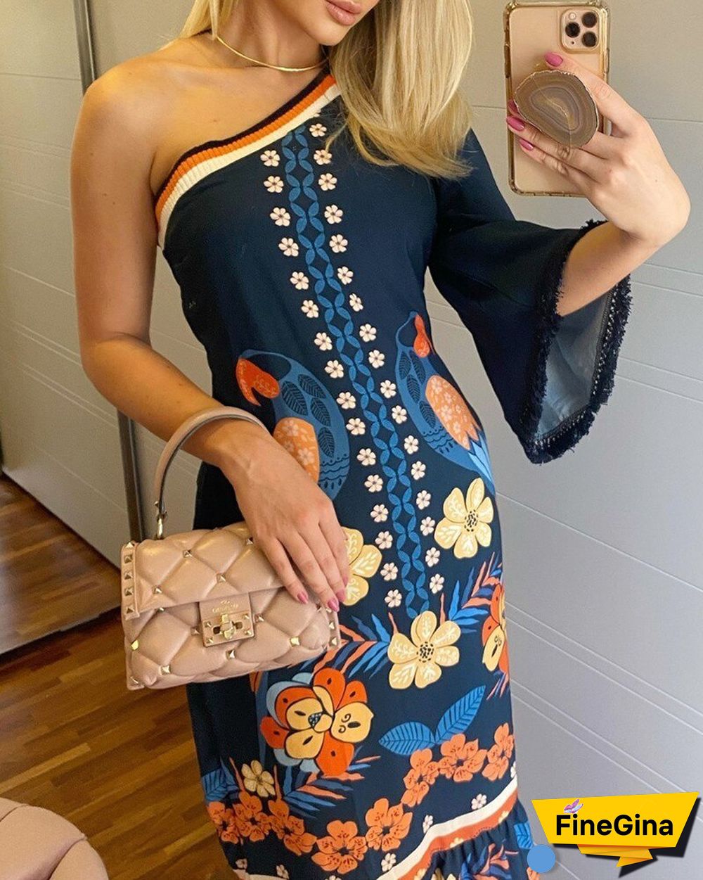 One Shoulder Bell Sleeve Floral Bird Print Dress