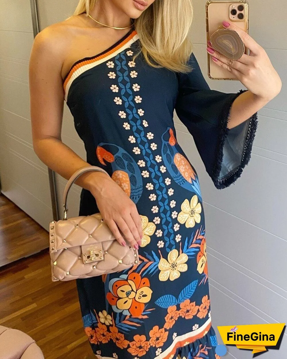 One Shoulder Bell Sleeve Floral Bird Print Dress