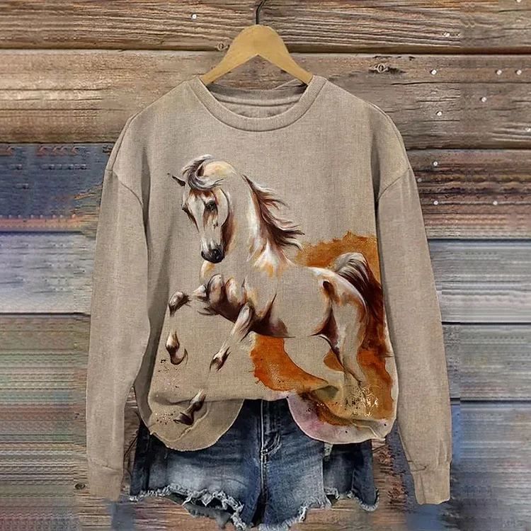 Wearshes Vintage Horse Print Round Neck Long Sleeve Sweatshirt