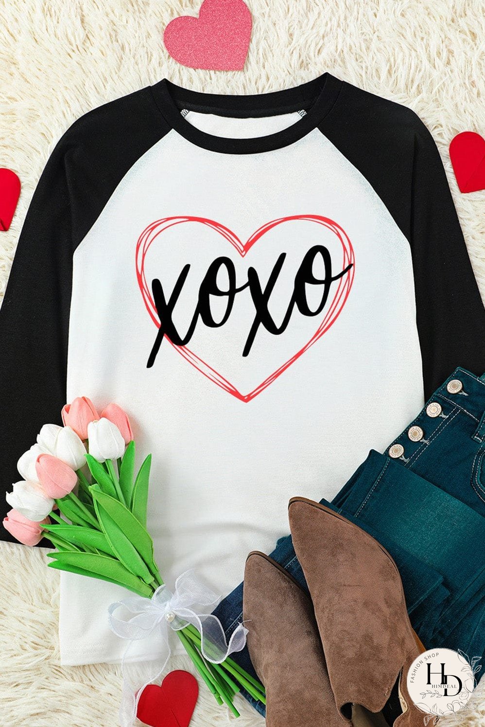 Heartwarming XOXO Patchwork Long Sleeve Tee with Color-Contrasted Sleeves