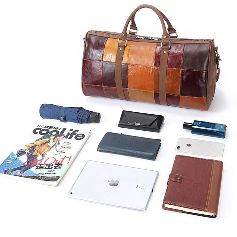Unisex Leather Large Capacity Multicolor Patchwork Duffel Bags Travel Bag