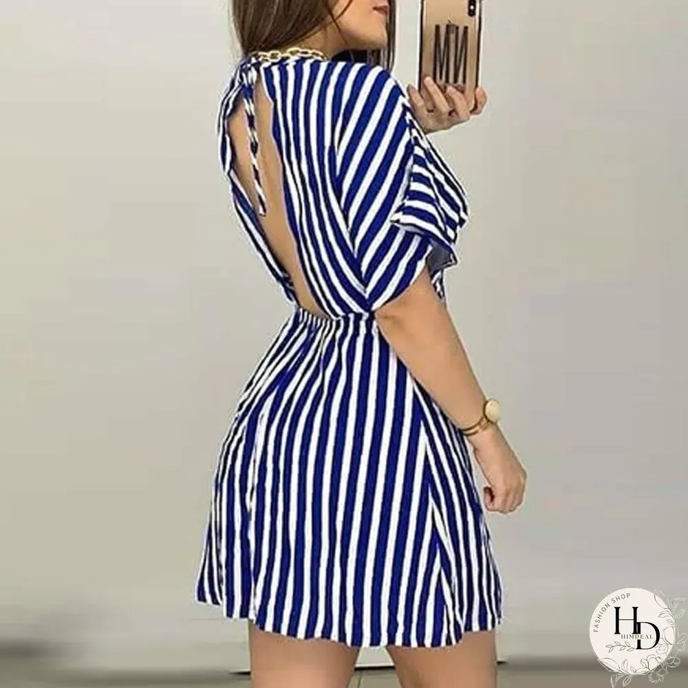 V-neck Tight Waist Backless Dress Casual Vacation Print Women Stripe Length Sleeve Style