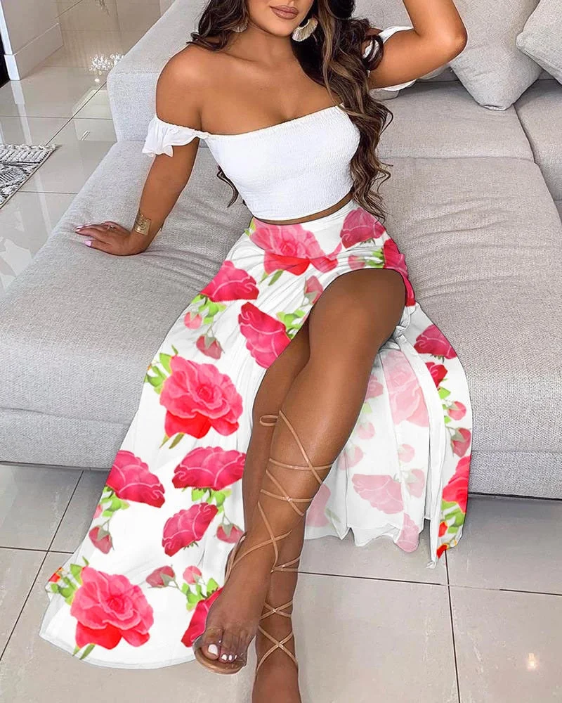 CM.YAYA Women Boho Elegant High Side Split Maxi Long Skirts Suit with Strapless Crop Tops Matching Two 2 Piece Set Outfits 2022