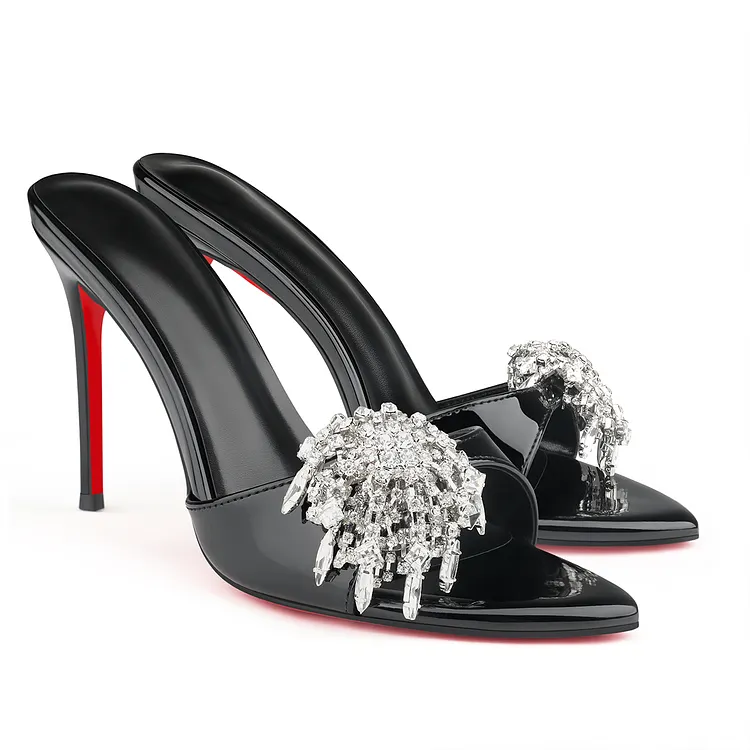 100mm women's pointed-toe rhinestone-embellished mule sandalsSlip on Red Bottom Stilettos VOCOSI VOCOSI