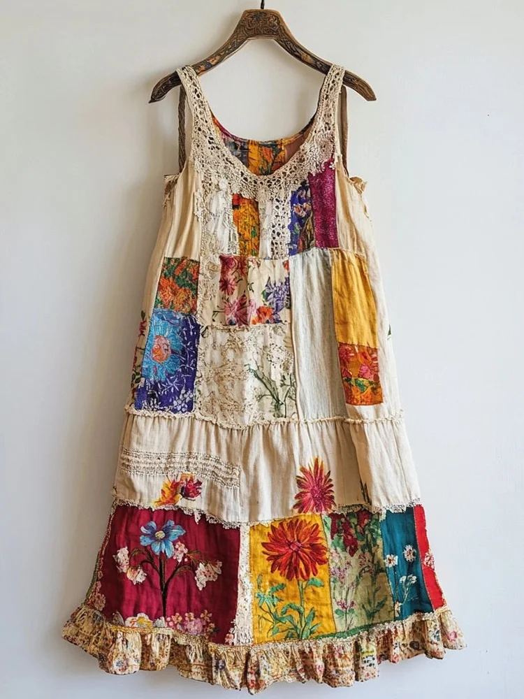 Simpfit Vintage Blumenmuster Patchwork Art Nachahmung aus Baumwolle und Leinen Kleid
