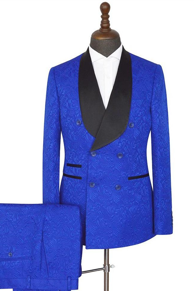 Bellasprom Royal blue Shawl Lapel Double Breasted Jacquard Wedding Suits Fitted Bellasprom