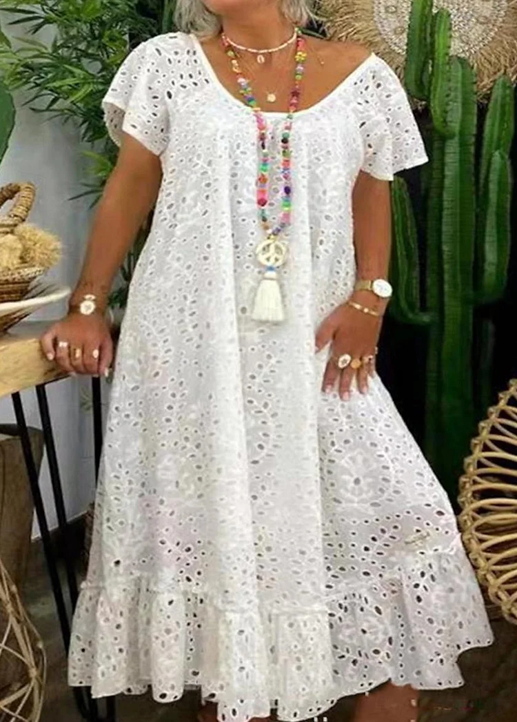 Lace Ruffle Maxi Crew Neck Short Sleeve Dress