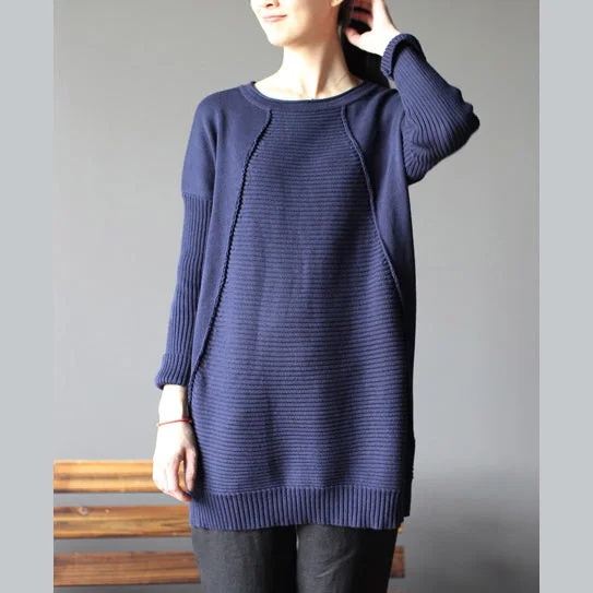 dark blue new cotton sweater tops vintage  fit mid long knit pullover