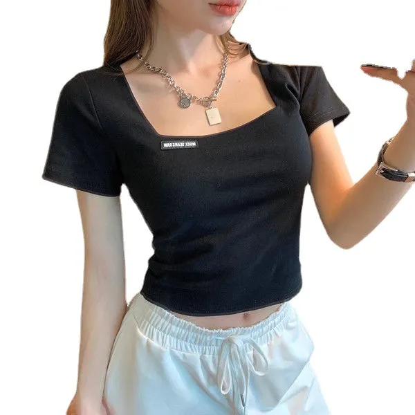 Brownm Brownm French Square Collar Short High Waist Crop Short Sleeve T-Shirt Women's Slim 2024 Summer Bottom Top Fashion