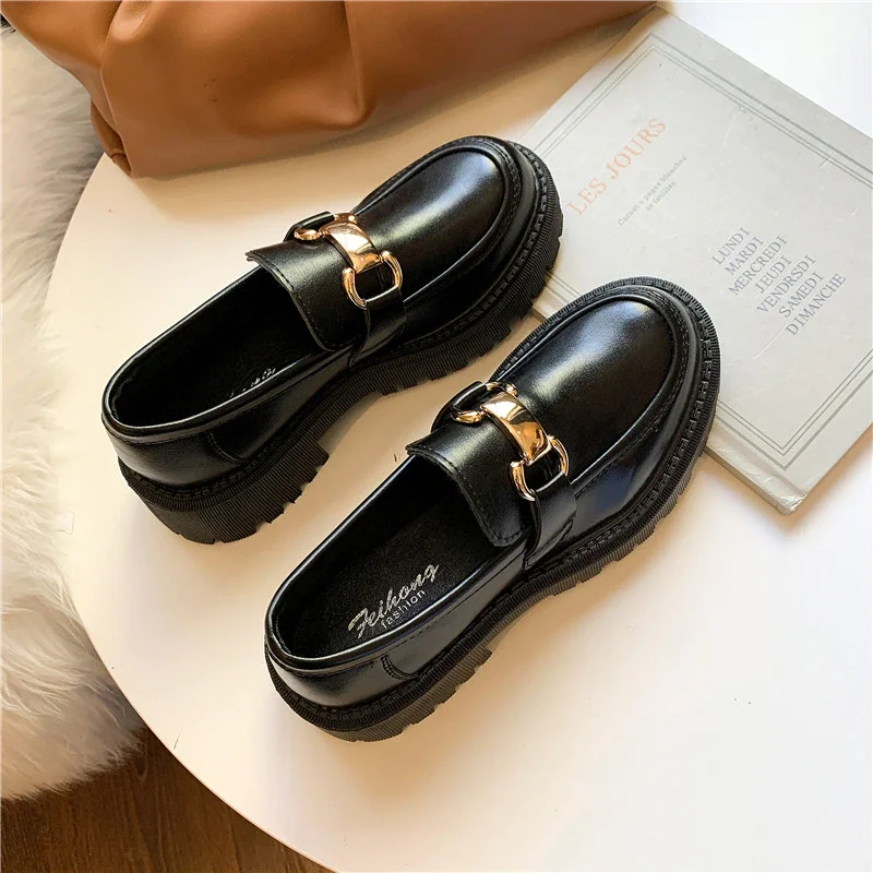 Qjong Ladies Leather Platform Shoes 2021 Spring and Autumn New Women's Flat Shoes Casual Buckle Shoes Ladies Fashion All-match Shoes